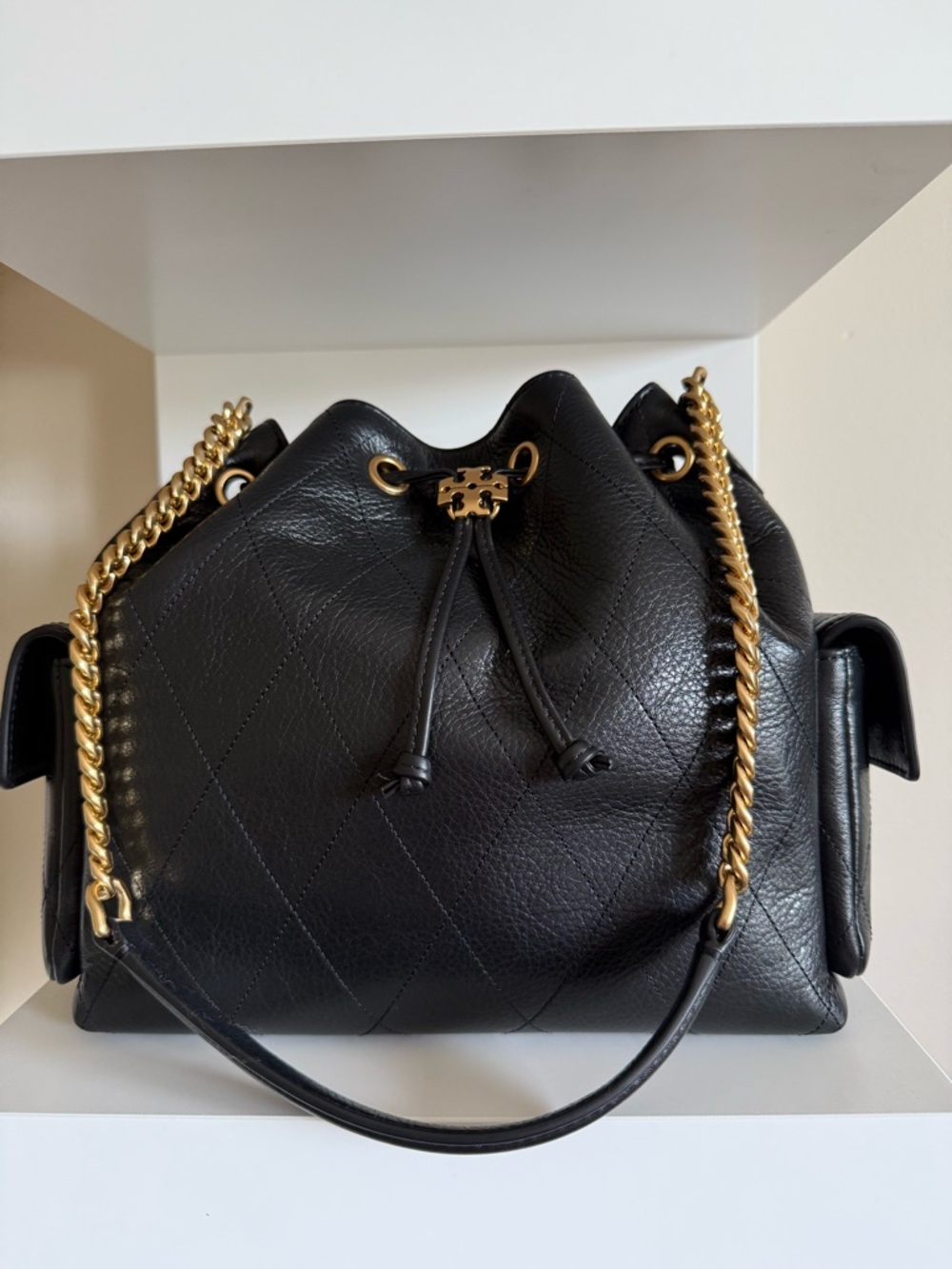 Tory Burch Charlie Black Quilted Leather Drawstring Shoulder Bag Small